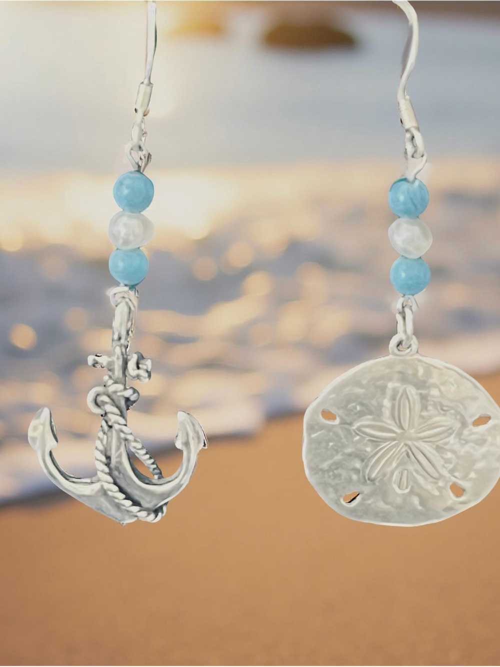 Asymmetrical Nautical Sterling Silver Anchor & Sand Dollar Dangle Earrings ⚓️